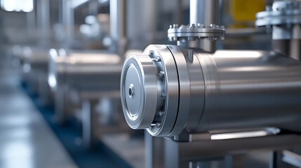 A row of gleaming, metallic industrial pipelines stretch into the distance, their surfaces reflecting light. Each section is connected with bolted flanges, ensuring secure joints.