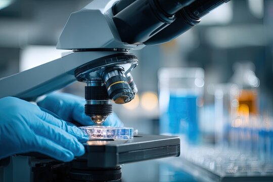 A scientist's gloved hands adjusting a microscope with glassware in background