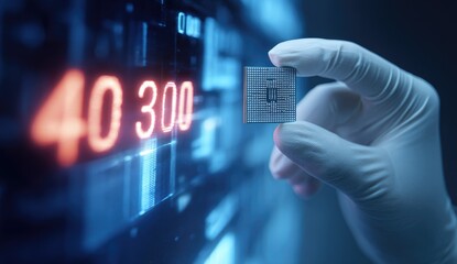 A gloved hand displays a small integrated circuit against a backdrop of glowing numerical data
