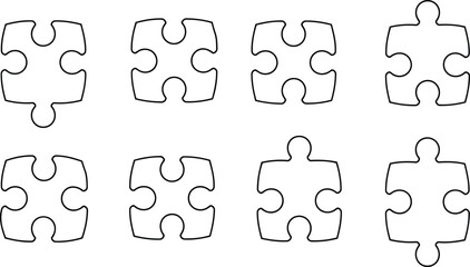 Eight outline puzzle pieces arranged in two rows