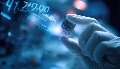 Close-up of a gloved hand holding a small circuit board, with digital overlay