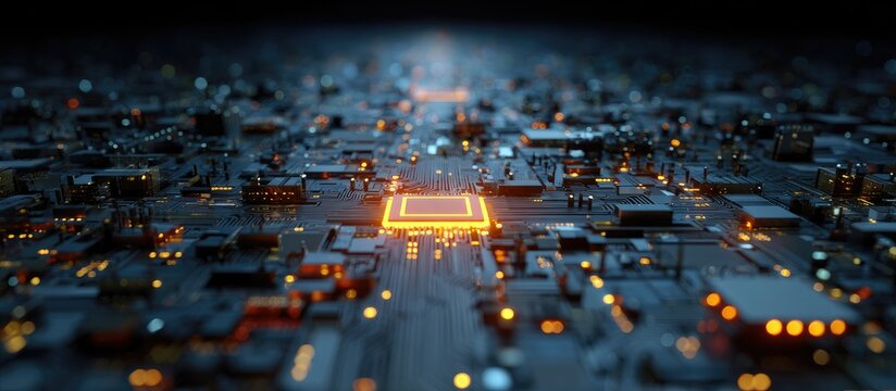 A detailed image of a computer circuit board with glowing center. Looks futuristic and technological