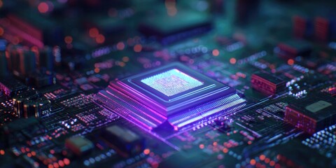 Macro close-up of computer component illuminated with glowing pink and purple lights