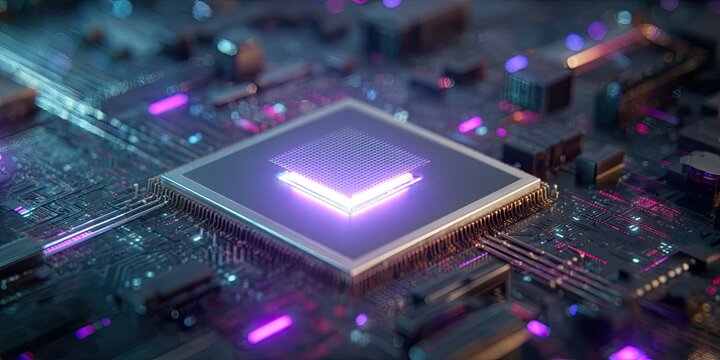Macro shot of a computer chip with a glowing core, circuits, and vibrant purple/pink/blue lights