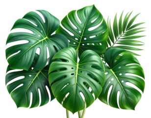 3D Render of Vibrant Green Monstera Leaves Cluster, Isolated on Transparent Background