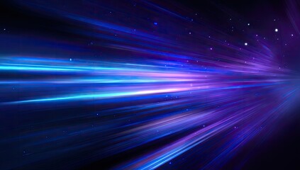 Abstract digital art piece of glowing blue, purple, and white light streaks across a dark backdrop
