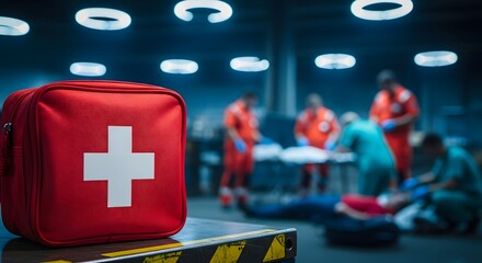 Emergency first aid kit ready for immediate response with paramedics tending to patient in critical care unit, offering reassurance and professional help