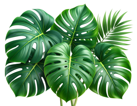 3D Render of Vibrant Green Monstera Leaves Cluster, Isolated on Transparent Background