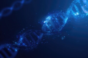 A luminous, stylized DNA helix glows against a dark blue backdrop, suggesting genetic information