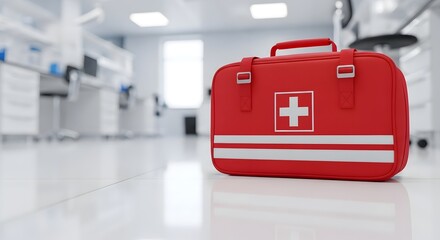 Red first aid kit in a sterile, modern laboratory setting ready for emergency medical care and safety protocol implementation for researchers