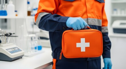 Medical professional holding first aid kit in lab coat, ready to provide emergency care and treatment in a modern healthcare environment