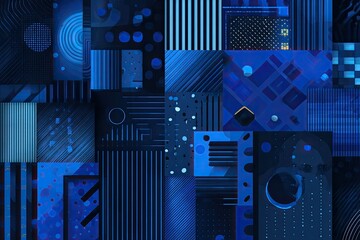 A digital art composition with a dark blue mosaic arrangement of geometric and abstract shapes