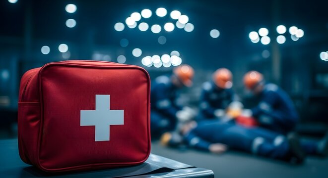Emergency first aid kit ready for immediate response with paramedics attending to injured worker at industrial site for safety and rescue themes