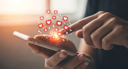 Close-up of hands holding a smartphone with a stream of social media notification icons, including hearts and likes, emanating from the screen.