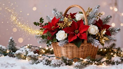 A richly decorated wicker basket filled with luxurious Christmas flowers: deep red poinsettias, white roses, golden holly sprigs and sparkling silver pine.