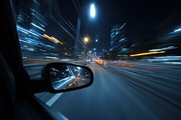Obraz premium A night drive, blurred city lights, shot from a car window, showing the side mirror