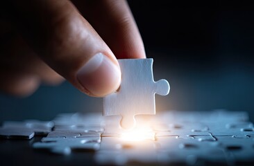 Hand placing the last puzzle piece; concept for problem solving, teamwork, and completion