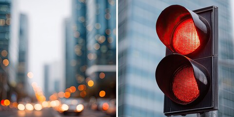 City street scene with a blurred background and a traffic light showing red