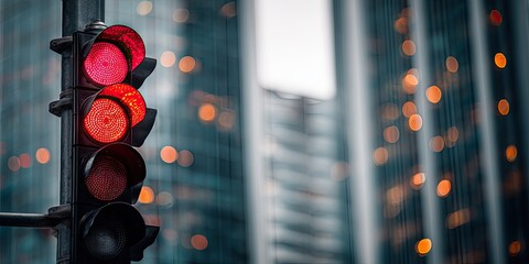 Red traffic light signal against blurry high rise buildings. Close-up image on urban background