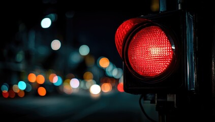 Close-up of a traffic signal illuminated with red light against a blurred night cityscape