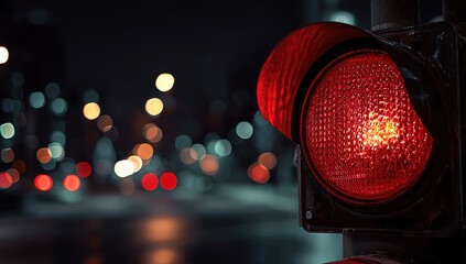 Close-up of a lit red traffic signal against a blurred cityscape at night