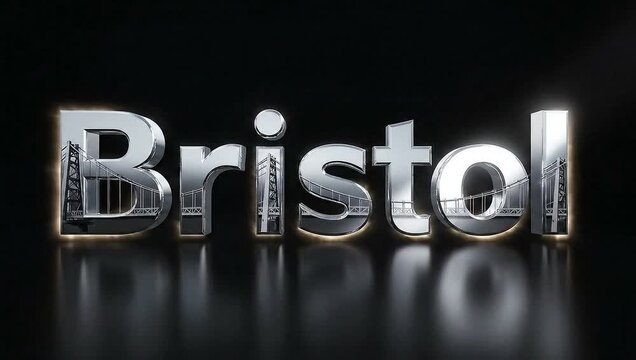 Bristol text logo reflecting city landmarks, 3D metal typography with metallic sheen and shadow effects
