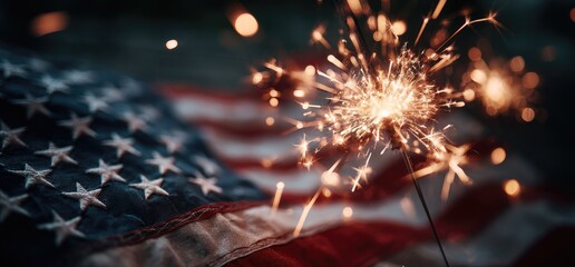 A close-up image of an American flag in the background with a sparking handheld firework in front