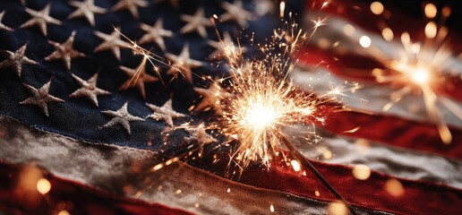 A flag with stars and stripes is lit up with sparklers, and sparkles in the foreground add detail