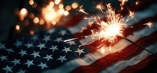 Sparkling fireworks illuminate an American flag. Red and white stripes, a blue field of stars