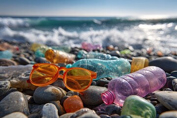 Plastic bottles & sunglasses litter a rocky beach, with ocean waves visible