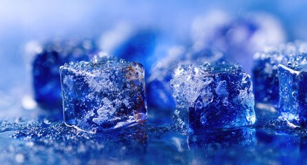 Close-up of clear ice cubes reflecting the surrounding blue background