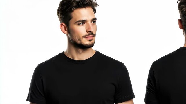 A male model displays a basic black t-shirt, posing in front and back in a well-lit studio. The focus highlights the simplicity and versatility of the outfit.