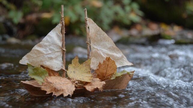 Small boat made of brown paper and dried leaves floating on a stream. the boat has two sails that are tied together with twigs.
