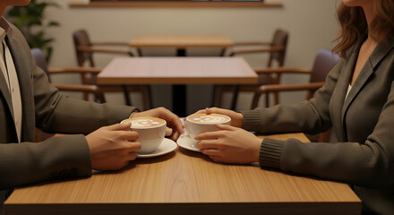 Man and woman holding coffee cups while sitting at a table indoors  
