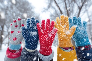 Group of gloved hands catching falling snow, blurred winter background of snow covered trees