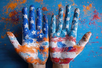 Artistic view of hands, painted in patriotic colors, showcasing stripes and stars