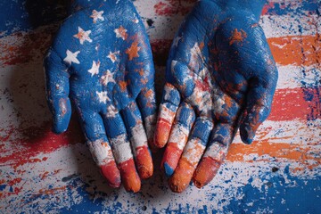 Two hands painted with patriotic colors forming an American flag design
