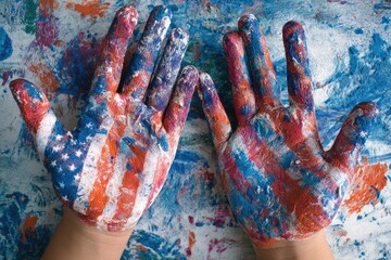 Hands are painted with a patriotic design against a paint-splattered blue and white surface