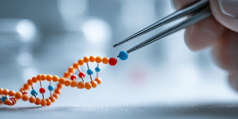 Close-up view of a DNA model held with tweezers against a blurry, pale blue background