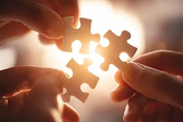 Close-up of hands holding three puzzle pieces, with bright sunlight shining through