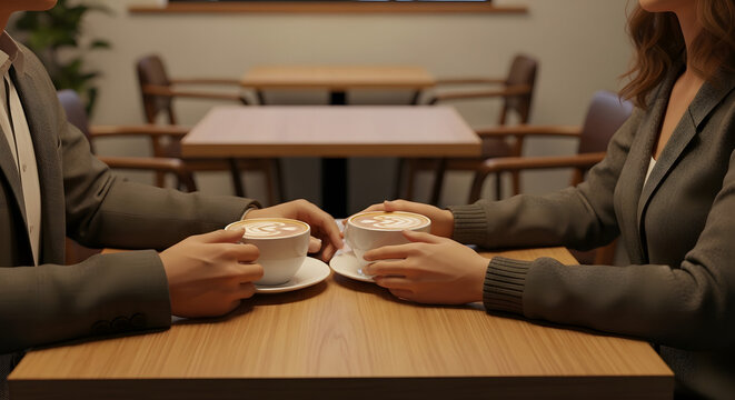 Man and woman holding coffee cups while sitting at a table indoors  