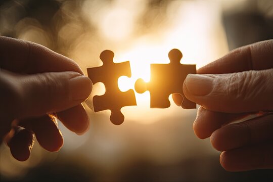 Two hands joining puzzle pieces with the warm, radiant glow of sunset in the background