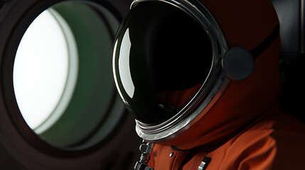 Astronaut in Orange Space Suit: Glimpse of an astronaut in an orange space suit, the visor reflecting a bright glow, suggesting readiness for a space exploration mission.