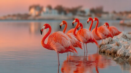 Caribbean flamingo gracefully stands in shallow water amongst its flock at sunset, reflecting beautifully