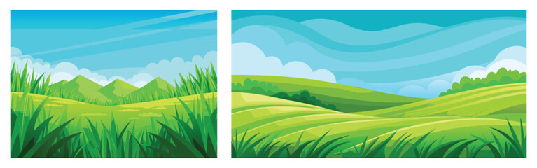 Cartoon landscape vector background with green field, hills, and blue sky illustration design
