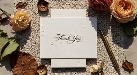 Vintage Thank You Card on Textured Cream Cardstock with Calligraphy and Victorian Lace Styling