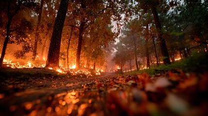 Forest ground flames burn brightly, and dry leaves scatter along the dirt path