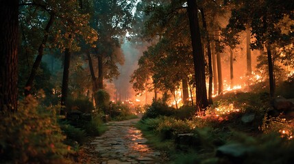 Forest is ablaze, burning intensely as seen from a rocky trail amidst the trees