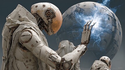 Futuristic astronaut touches glowing orb amidst detailed scifi setting, creating an engaging atmosphere