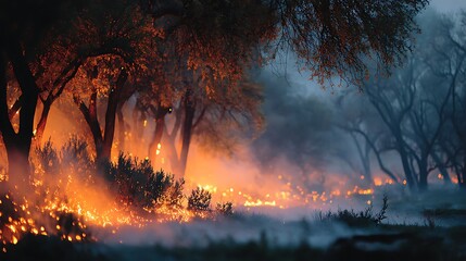 Intense flames engulf dry grass beneath the silhouette of trees amidst smoky conditions